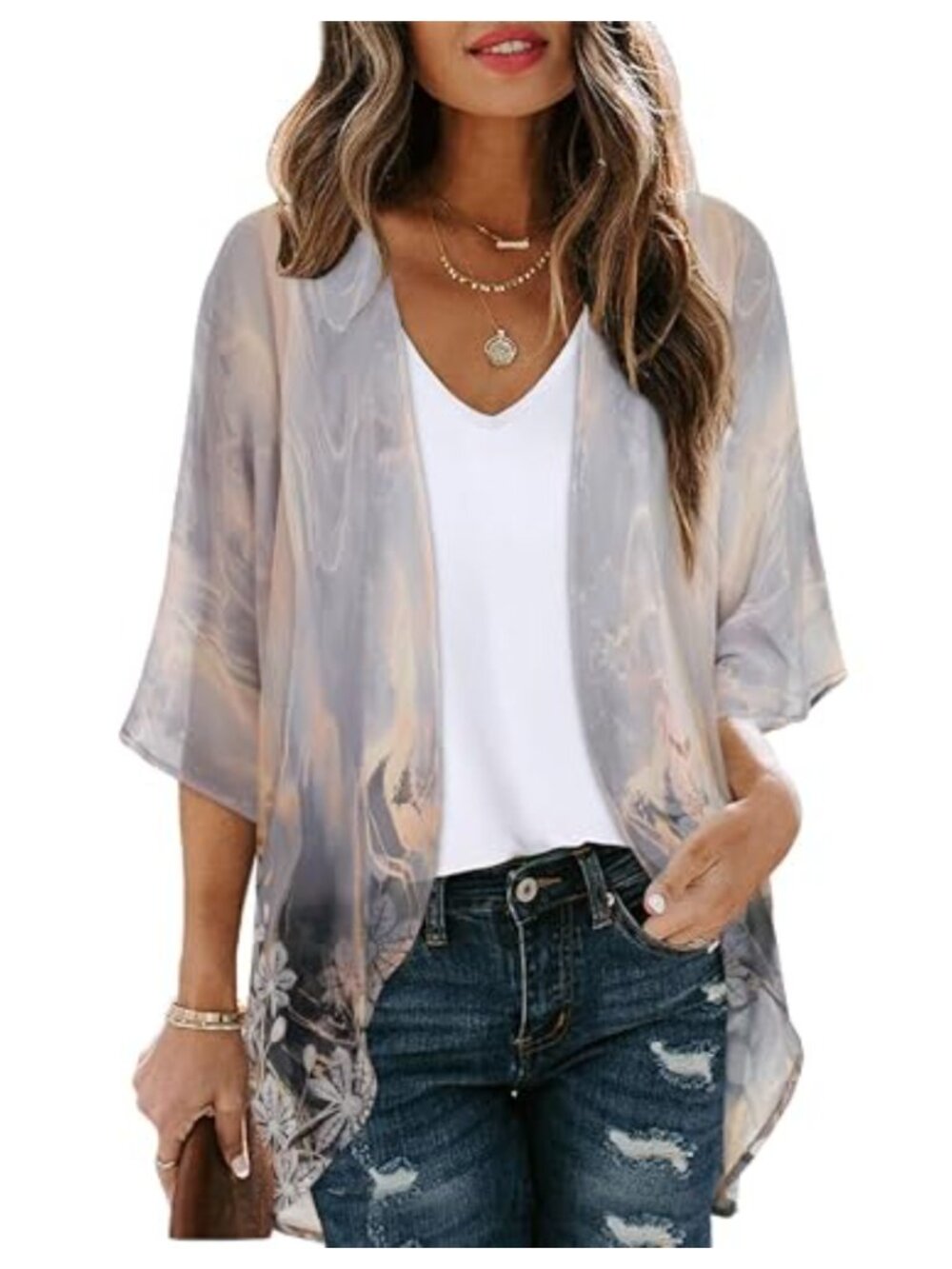 Chiffon Floral Kimono Cardigan Beach Coverup Loose Summer Shrug
